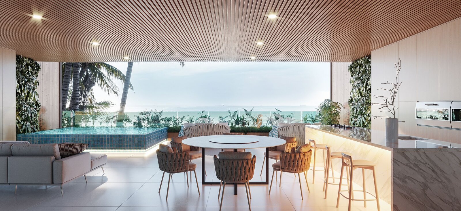Perspectiva de terraço com piscina e vista para a praia