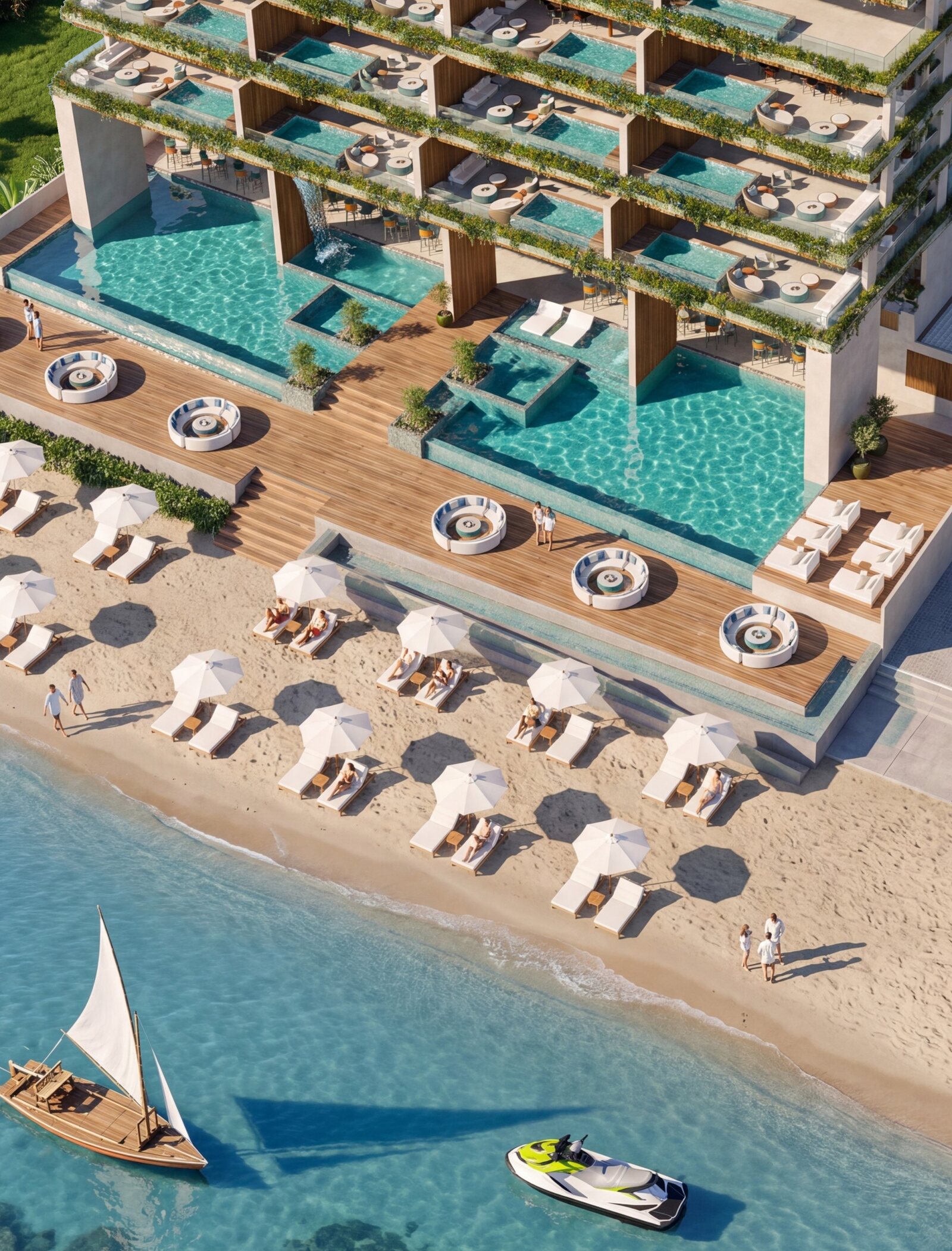 Perspectiva de piscinas e área de lazer do EPIC junto ao mar
